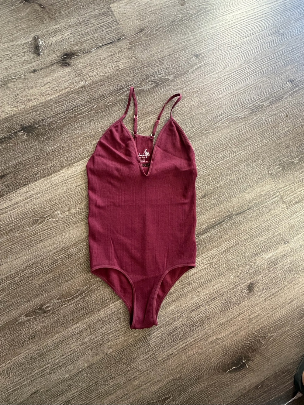 Free People Wine Ribbed V-Neck Bodysuit